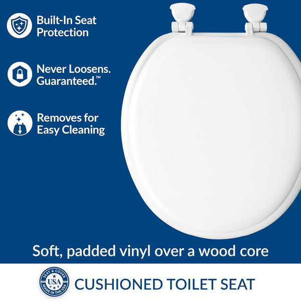 Mayfair Padded Toilet Seat, Cushioned Soft Vinyl over Wood Core Seat, Secure Hinges, Easy Clean, Made in USA, Round, White Round White Toilet Seat