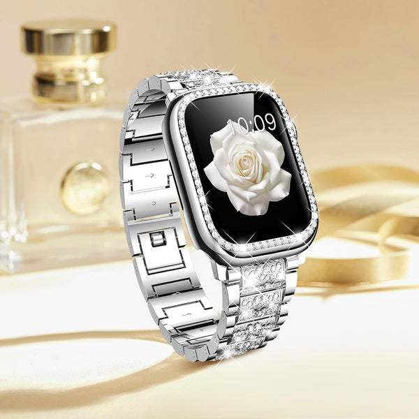 Mosonio Compatible with Apple Watch Band 38mm 40mm 41mm 42mm 44mm 45mm 46mm 49mm with 2 Pack Case Women, Jewelry Replacement Metal Bands Strap