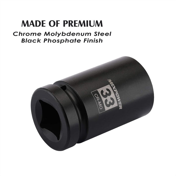 MIXPOWER 1 Inch Drive Deep Impact Socket, CR-MO, 33mm, 6 Point, Radius Corner Design, Chamfered Opening, Axle Nut Impact Grade Socket for Easy