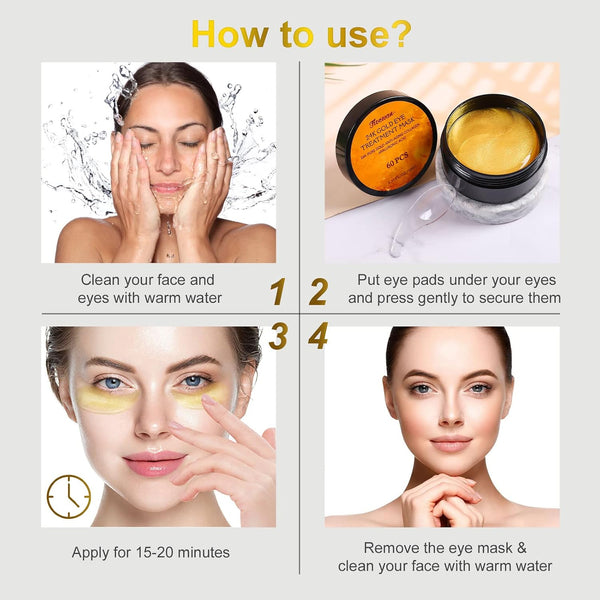 Fivewan 24k Gold Under Eye Patches - 60 Pcs Eye Mask Pure Gold Anti-Aging Collagen Hyaluronic Acid Under Eye Mask for Removing Dark Circles,