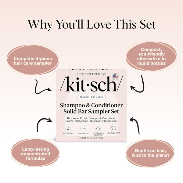 Kitsch 4Pc Sampler Solid Shampoo and Conditioner Set - Rice Bar & Castor Oil Shampoo and Rice Bar & Coconut Oil Deep-Moisturizing Hair