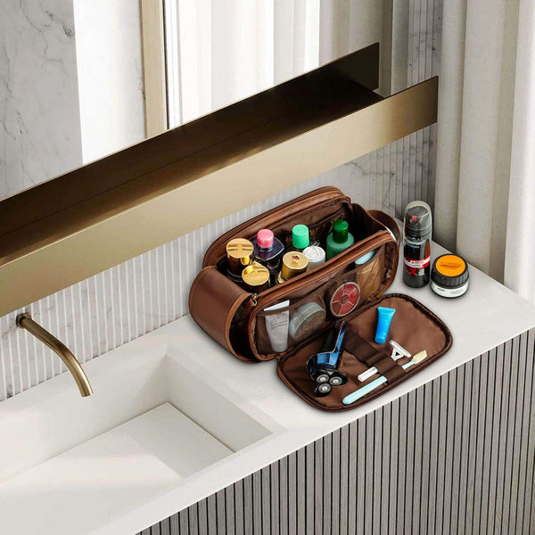Elviros Toiletry Bag for Men PU Leather Dopp Kit (Large, Dark Brown) | Water-Resistant Travel Organizer for Bathroom Toiletries, Shaving Tools,