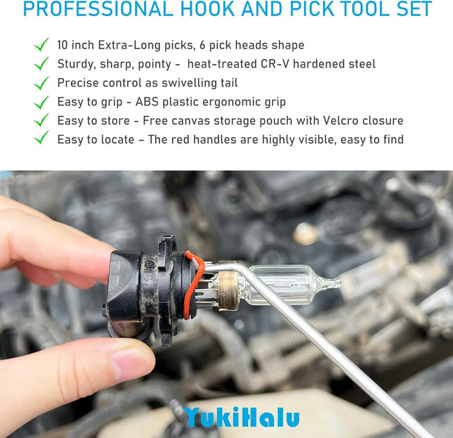 Yukihalu Precision Hook and Pick Set for Automotive, Swivelling Tail, 10 Inch Pi