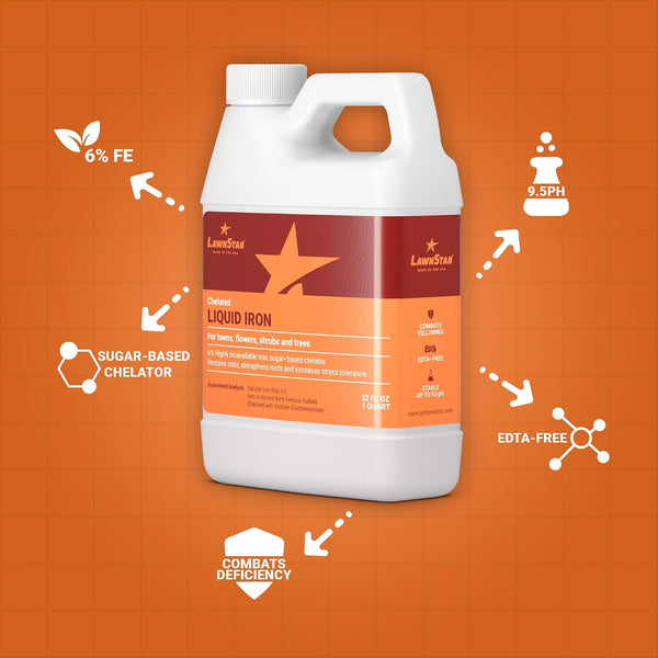 LawnStar Liquid Iron (32 OZ) for Plants - Multi-Purpose, Suitable for Lawn, Flowers, Shrubs, Trees - Treats Iron Deficiency, Root Damage & Color