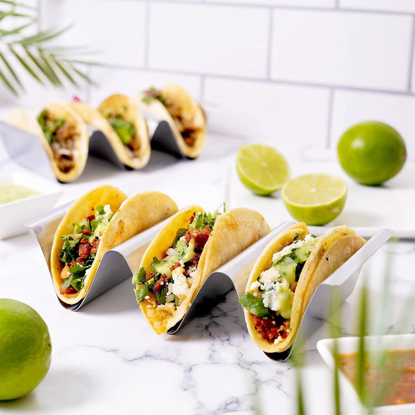 RTT Stainless Steel Taco Holder Stand, Set of 6 - Stylish Rack Holds Up to 3 Tacos Each, Keeping Shells Upright - Oven, Grill and Dishwasher Safe