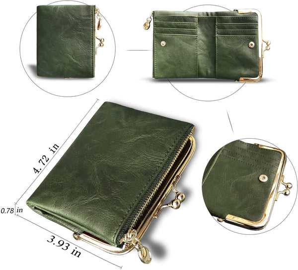 AOXONEL Womens Wallet Small Rfid Ladies Compact Bifold Leather Vintage Coin Purse With Zipper and Kiss Lock Green