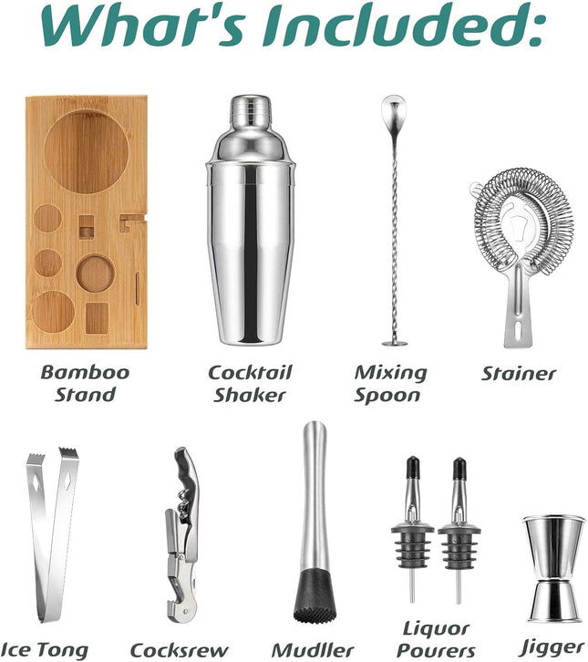 Cocktail Shaker Set, Mixology Bartender Kit 10-Piece Bar Tool Set with Stylish Bamboo Stand, Bar Kit: Matini Shaker Mixi