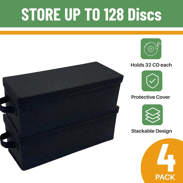 Evelots CD Storage Boxes (4 Pack) Durable CD Case Organizer with Lid, Disc Container Set Holds up to 128 Discs, Black