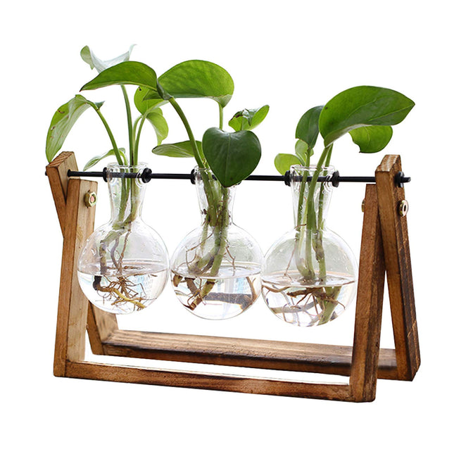 XXXFLOWER Plant Terrarium with Wooden Stand, Air Planter Bulb Glass Vase Metal Swivel Holder Retro Tabletop for Hydropon