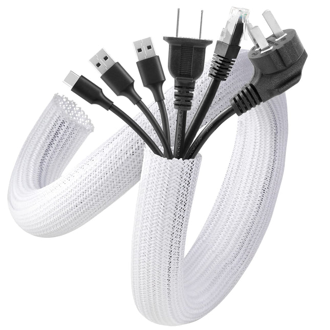 AGPTEK White Cable Sleeve Cover, 2 Pack 5Ft - 1.2 Inch Cord Management Wire Organizer under Desk, Home Office Computer W