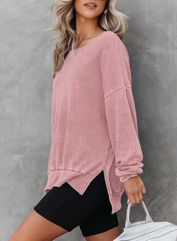 Dokotoo Sweatshirt for Women Oversized Waffle Knit Crewneck Sweatshirts Long Sleeve Side Slits Casual Pullover Tops Small Pink