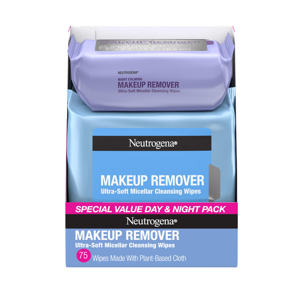Neutrogena Day & Night Facial Cleansing Wipes, Makeup Remover Face Cleansing Towelettes & Night Calming Facial Cloths, 100% Plant Based Fibers
