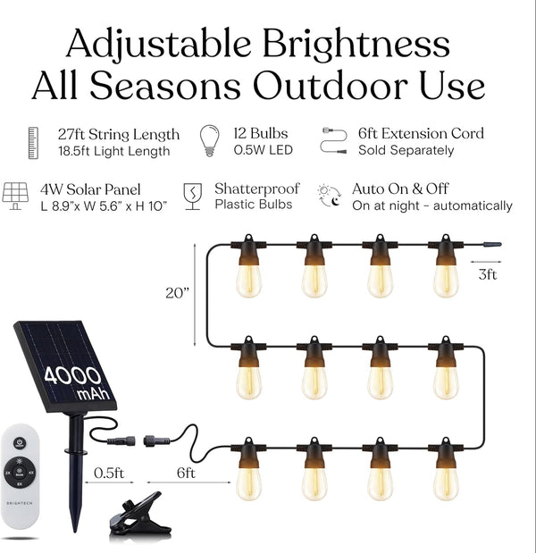 Brightech Ambience Pro Super Bright Solar - 27Ft Remote Control Outdoor String Lights with 12 Shatterproof S14 Bulbs, Commercial Grade LED,