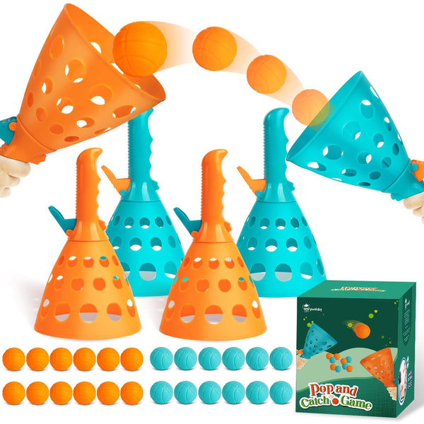 punkdog Pop and Catch Ball Game with 24 Balls and 4 Catch Launcher Baskets - Outdoor Indoor Game Activities, Christmas Beach Sport Summer Beach