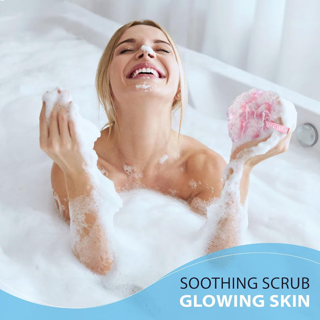 Loofah-Bath-Sponge Lace-Mesh-Set // 2-Scrubs-in-1 by Shower Bouquet/Large Full 60g Pouf (4 Pack Spa Colors) Body Luffa L