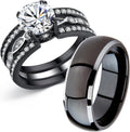 MABELLA Couple Rings Black Men’s Titanium Matching Band Women CZ Stainless Steel Engagement Wedding Sets Size Women 5; Men 9