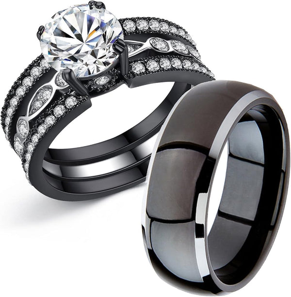 MABELLA Couple Rings Black Men’s Titanium Matching Band Women CZ Stainless Steel Engagement Wedding Sets Size Women 5; Men 9