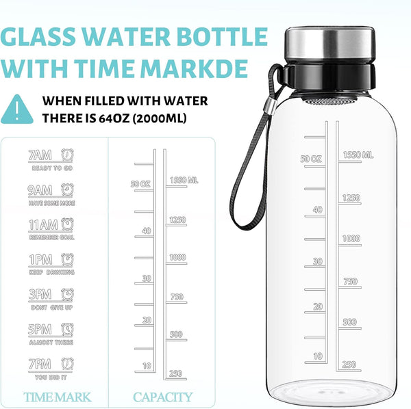 64 OZ Glass Water Bottle, Large Borosilicate Glass Drinking Bottles Black 64 Ounces