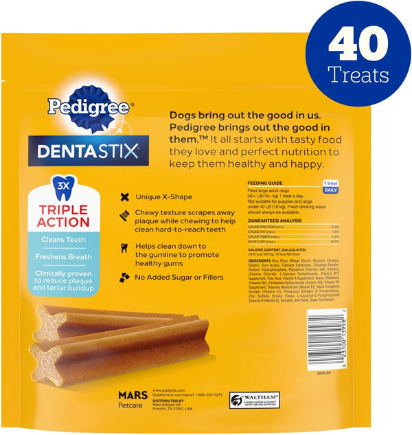 Pedigree Dentastix Large Breed Dog Dental Treats, Original, 40 Count | Triple action dental care, reduces tartar, cleans teeth, freshens breath,