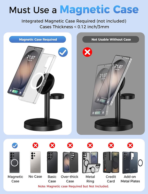 Magnetic Wireless Charger for Samsung, 3 in 1 Super Fast Charging Station Compatible with MagSafe, Phone Charger Stand for Samsung Galaxy S26