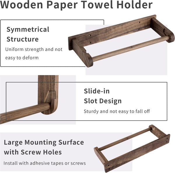 Wood-Paper-Towel-Holder-Under-Cabinet-Kitchen-Handmade - Wall Mounted/Adhesive No Drill Sturdy Roll Hanging Organizer, Horizontal Papertowel