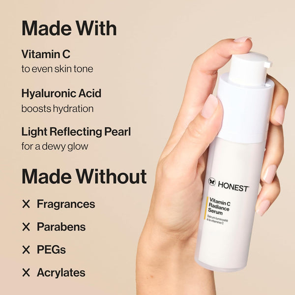 Honest Beauty Vitamin C Radiance Serum | Improves + Brightens Skin Tone and Complexion | Gentle for Sensitive Skin, Fragrance Free, Vegan | 1 fl oz