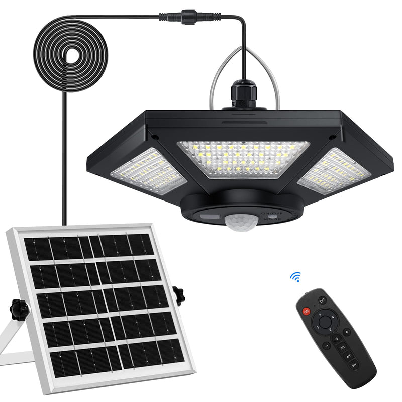 Solar Shed Light Indoor Outdoor Solar Powered Pandent Daytime Work Lights with 5 Lighting Modes & 3 Timers, 180LED Solar Indoor Lights Motion