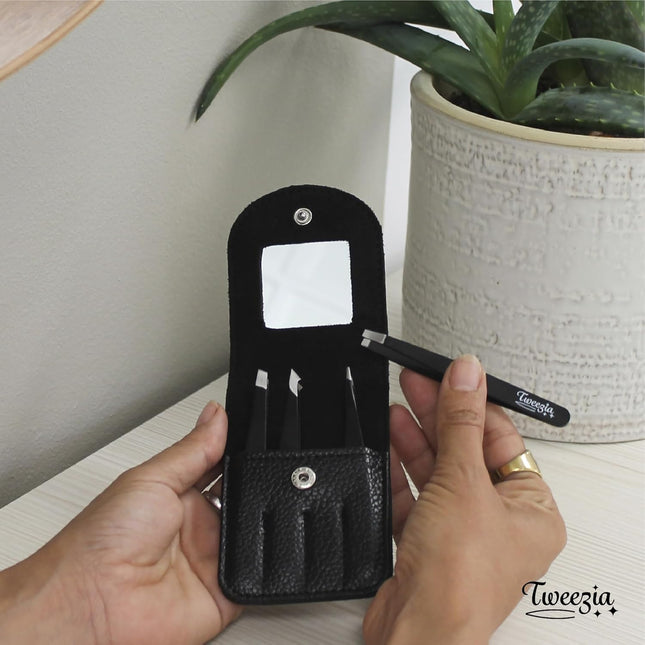 TWEEZIA Stainless Steel Tweezer Set - 4 Precision Tweezers with Mirror & Leather