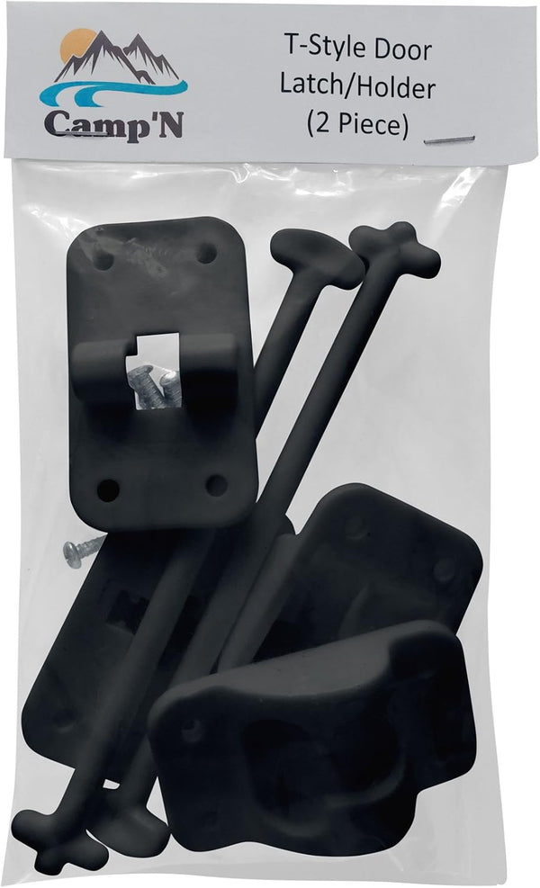 Camp'N 6" RV Door Holder and Latch - Camper & Trailer Door Catch - T Style OEM - Black 2 Pack with Hardware 6 Inch Black