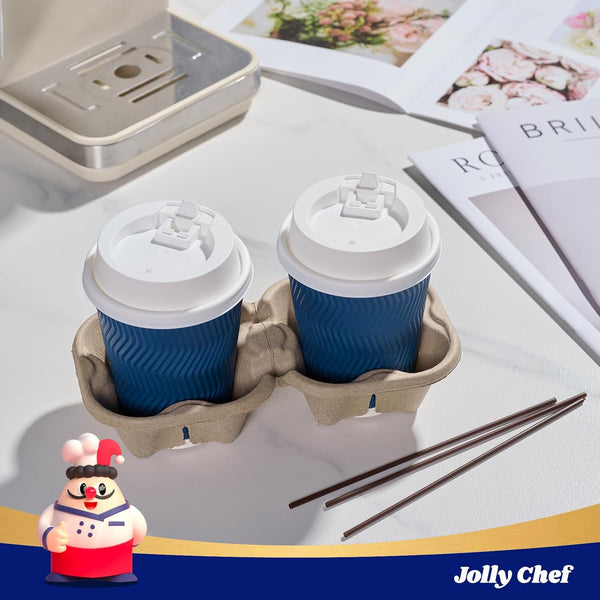 JOLLY CHEF 100 Pack Disposable Coffee Cups, 12oz To Go Paper Coffee Cups with Lids and Stirrers for Hot Beverage 12oz-100 Pack