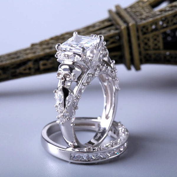 Jeulia Skull Engagement Ring Sets Sterling Silver Promise Eternity Band Rings Diamond Princess Cut with Cubic Zirconia Wedding Engagement