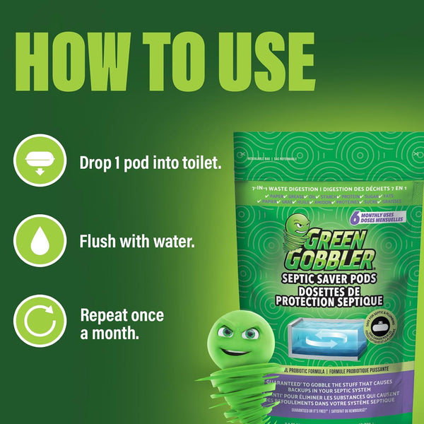 Green Gobbler Septic Tank Enzyme Treatment Packets, 6 Month Supply - Powerful & Natural Bacteria to Prevent Costly Septic Issues, Back-Ups 6 Pods