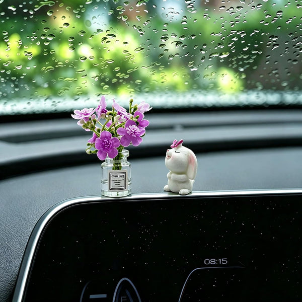 Set of 2 Cute Mini Bunny and Peach Blossom in Flower Vase Car Rearview Mirror Ornaments Funny Dashboard Decorations Kawaii Car Interior