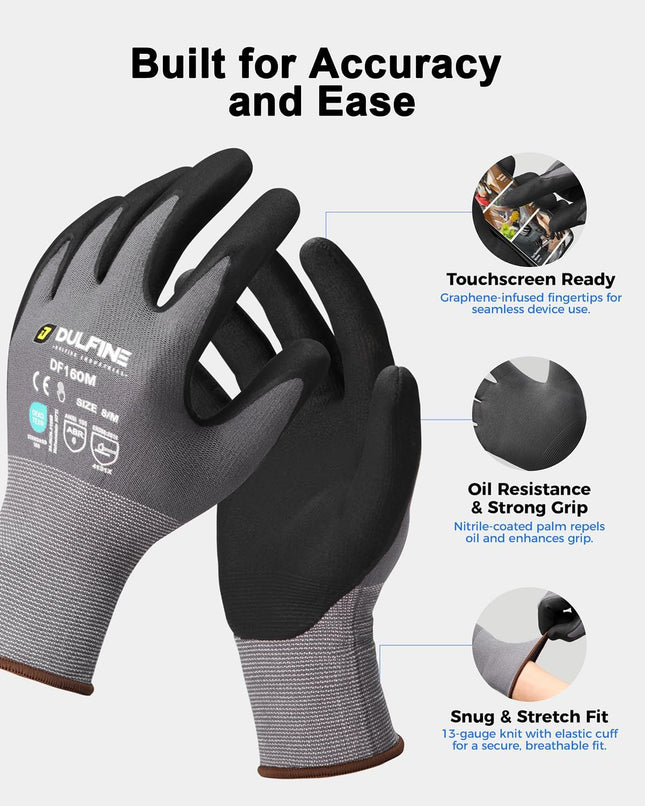 DULFINE Safety Work Gloves Microfoam Nitrile Coated-6 Pairs Pack,Seamless Knit N