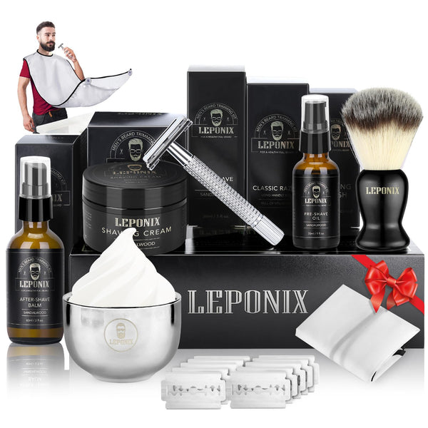 Shaving Kit for Men, Include Safety Razor, Sandalwood Cream, Aftershave, Pre Shave Oil, Shaving Brush and Bowl, Shaving Apron Bib -Unique Gifts