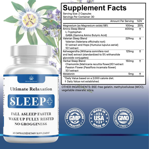 Relaxation Sleep Aid, Natural Non-Habit Forming, Sleep Supplement Developed to Support for Longer & Better Sleep, Chamomile, Magnesium, Melatonin,