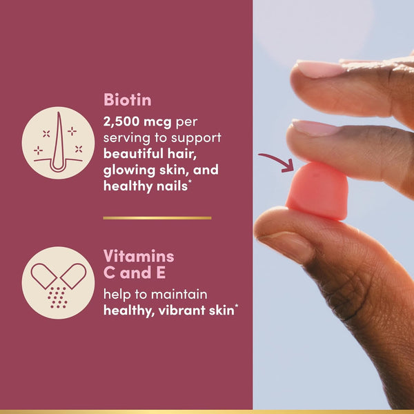 Nature'S Bounty Optimal Solutions Hair, Skin and Nails Pectin Gummies, 2500 Mcg Biotin per Serving, No Stick Gummy, Vegetarian Formula, Strawberry
