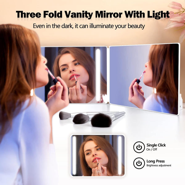 JANMPASK LED 3 Way Mirror for Self Cutting Mirror Vanity Barber Supplies Accessories 360 Makeup Mirror with Light Trifold to See Back of Head(White)