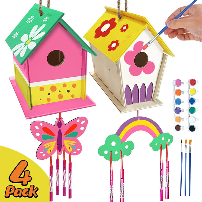 Crafts for Kids Ages 4-8 - 4 Pack DIY Bird House Wind Chime Kit - Build and Pain