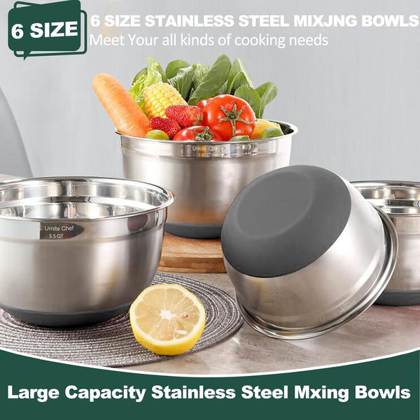 Umite Chef Mixing Bowls with Airtight Lids，6 piece Stainless Steel Metal Nesting Storage Bowls, Non-Slip Bottoms Size 7, 3.5, 2.5, 2.0,1.5, 1QT,