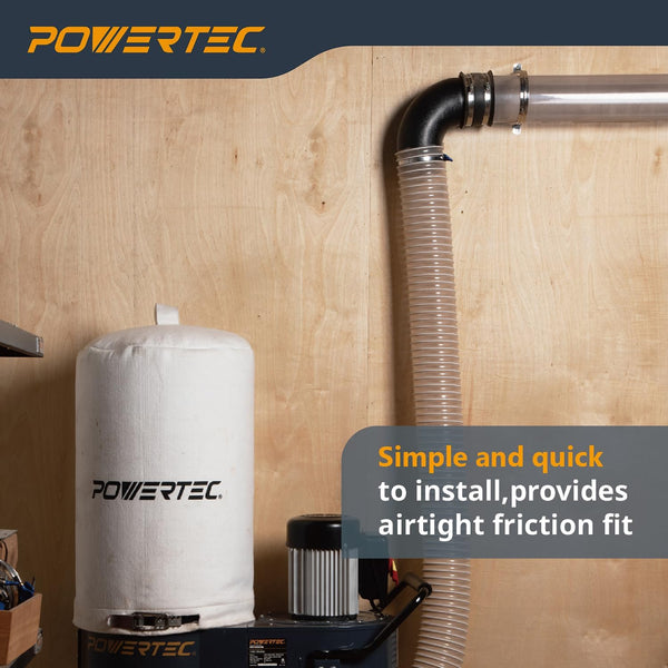 POWERTEC 70105 4" Elbow Dust Hose Connector, Black, 4", 90 Degree Elbow