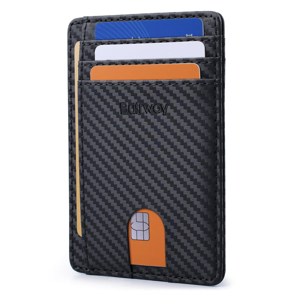 Buffway Slim Minimalist Front Pocket RFID Blocking Leather Wallets for Men and Women - Carbon Fiber Black Small Carbon Fiber Black