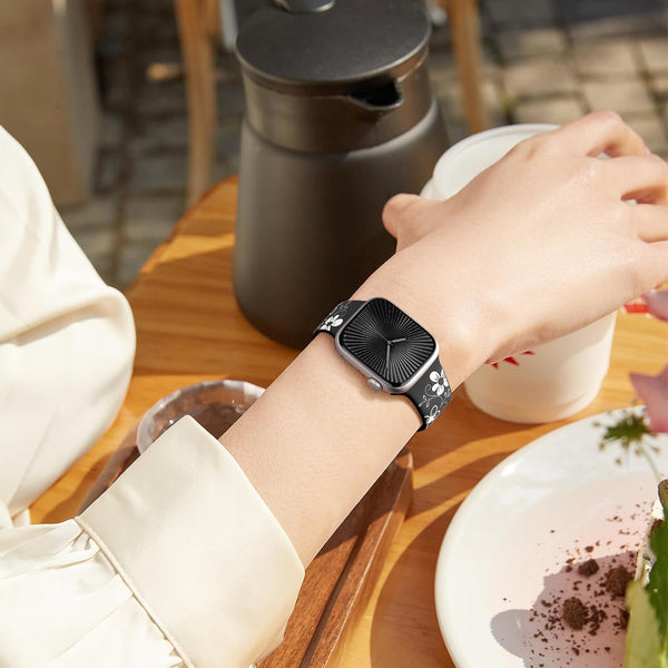 Witzon Floral Band Compatible with Apple Watch Bands For Women 40mm 41mm 38mm 42mm 44mm 45mm 46mm 49mm, Engraved Cute Flower Silicone Dressy Strap