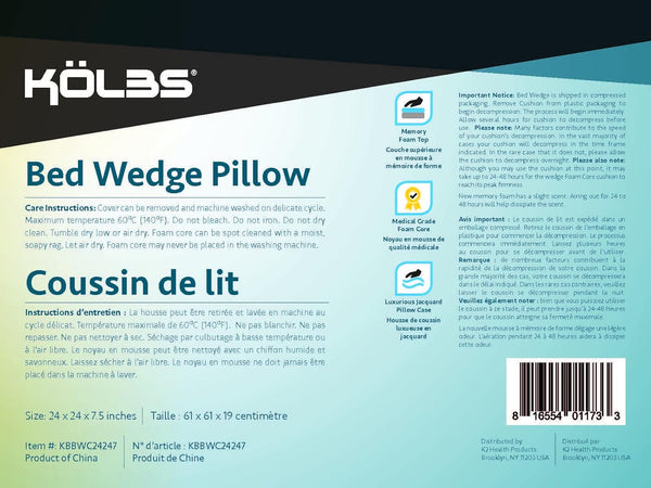 Kolbs Bed Wedge Pillow for Sleep Apnea, Sleeping Comfort, Relaxing, Acid Reflux, Heartburn and Back Pain Relief. Cushion for Sitting up in Bed.