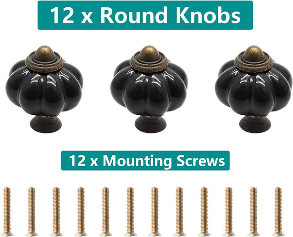 12pcs Black Pumpkin Knobs, Vintage Ceramic Cabinet Knobs | Dresser Knobs, Drawer Knobs, Door Knobs, Drawer Pulls, Dresser Handles with Mounting