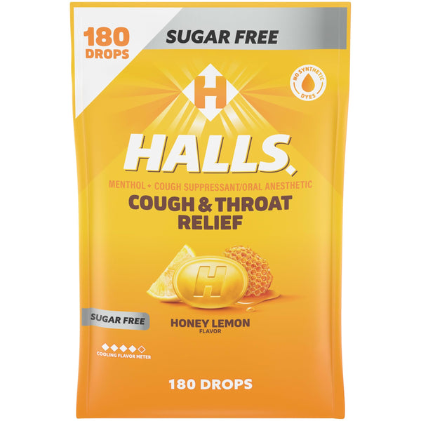 HALLS Cough & Throat Relief Honey Lemon Sugar Free Cough Drops, 180 ct | No Synthetic Dyes, Bulk Pack Honey-Lemon 180 Count (Pack of 1)