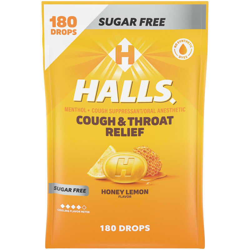 HALLS Cough & Throat Relief Honey Lemon Sugar Free Cough Drops, 180 ct | No Synthetic Dyes, Bulk Pack Honey-Lemon 180 Count (Pack of 1)