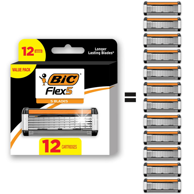 BIC Flex 5 Refillable Razors for Men, Long-Lasting 5 Blade Razors Refills for a Smooth and Comfortable Shave, 12 Razor Cartridges 12 Refill Cartridges