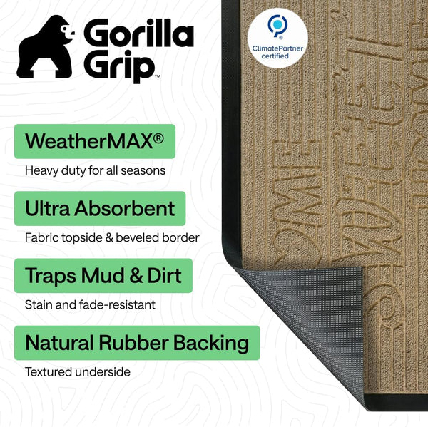 GORILLA GRIP 100% Waterproof All-Season WeatherMAX Doormat, US Designed Natural Rubber, Stain and Fade Resistant, Low Profile Indoor Outdoor Door