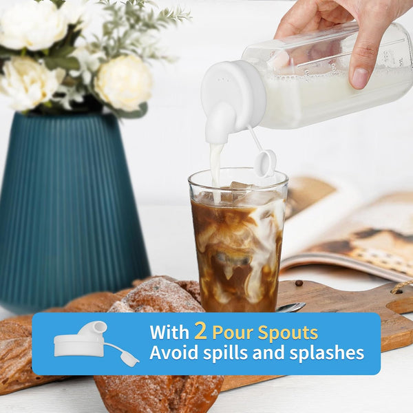 6 Pack 16 Oz Glass Juice Bottles W Pour Spout, 100% Airtight Heavy Duty SCREW Lid- Reusable Glass Milk Bottles W Capacity Mark, Square Drinking